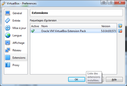 Liste des extensions VirtualBox 5.0